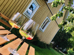 Zwei Gläser Wein auf einer Holzbank vor einem gelben Haus und einem Baum.